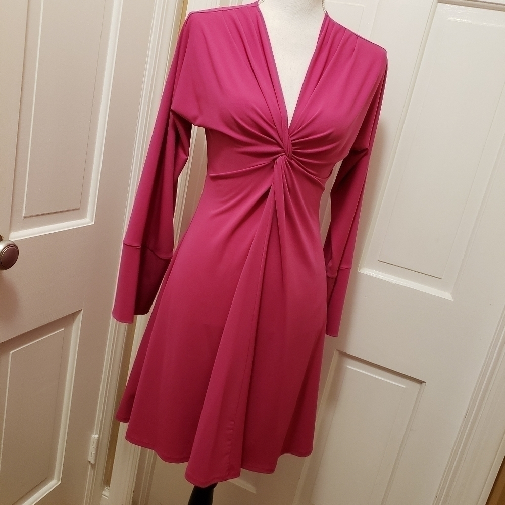Moda International Women's Pink V-Neck Long Sleeve A-Line Pleated Dress …